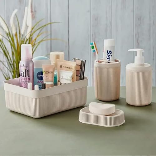 Set da Bagno Kit Completo 4 Pezzi in Plastica – Dispenser Sapone, Cestino Portatutto, Porta Spazzolini, Portasapone – Accessori Bagno Eleganti e Funzionali Design Moderno per Casa e Hotel