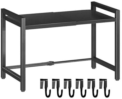 Pffiocix Space Saving Microwave Shelf with Hooks Kitchen Storage Rack Portable for Oven and Cookware Strong Carbon Steel Frame