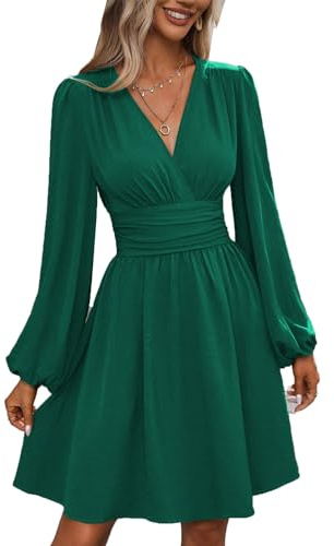 UUAISSO Vestito Casual da Donna Manica Lunga Vita Alta A Line Abiti Avvolgenti Scollo a V Midi Dress