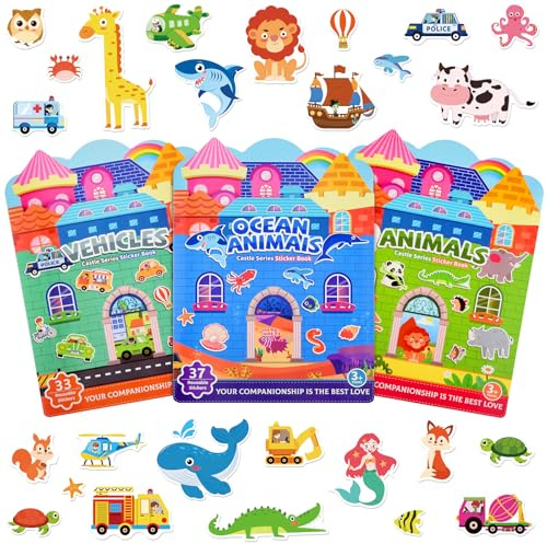 ASTARON 3er-Set Wiederverwendbare Stickerbücher für Kinder, niedliche wasserdichte Dinosaurier-Tiere-Fahrzeug-Sticker, tragbares Reisespielzeug und lehrreiches sensorisches Lernspielzeug (3–6 Jahre)