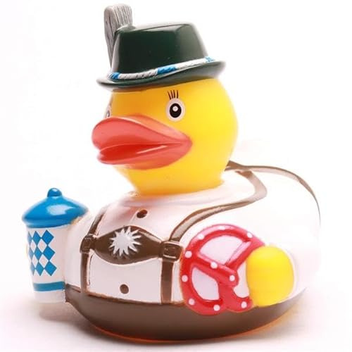 Duckshop I Badeente Bayern mit Brezn & Bier I Quietscheente I Quietscheentchen L: 8,5 cm I Geschenk für Oktoberfest-Fans I Präsent für Bayern-Fans I für Sammler