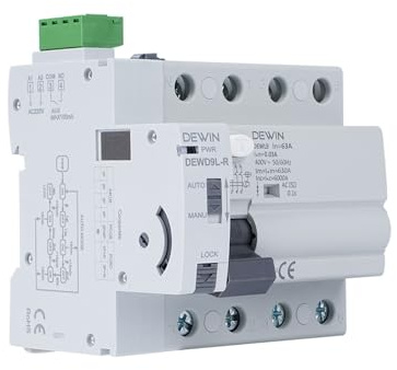 Disjoncteur Différentiel 30ma 63a, 4P RCCB Interrupteur Différentiel à Réenclenchement Automatique AC 400V Disjoncteur à Courant Résiduel 4P-63A-30ma