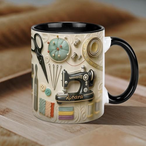 Personalized Ceramic Sewing Coffee Mug with Custom Name, Beautiful Sewing Machine Tea Cups, Novelty Coffee Cup Sewer Cup Gifts for Friend Family, Quilting Enthusiasts,11oz