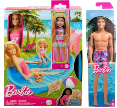 Barbie Pool Party Playset with Ken Doll, Chelsea Doll and Accessories, from 3 Years