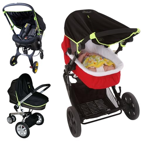 Sonnenschutz für Kinderwagen (0-6 M) - Kinderwagen Zubehör universal - auch für Buggy geeignet - extra Sonnensegel mit 99% UV Schutz - Baby Zubehör ideal auf Reisen - mit Tasche - Schwarz / Grün