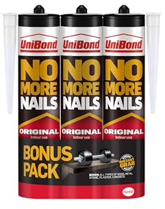 UniBond No More Nails Original, Heavy-Duty Mounting Adhesive, No Nails Strong Glue for Wood, Ceramic, Metal etc., White Instant Grab Adhesive, Pack of 3 (3 x 365g Cartridges)