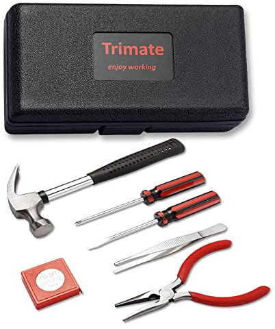 Household Hand Tools, Tool Set - 7 Piece by Trimate, Set Includes – Hammer, Screwdriver Set, Pliers (Tool Kit for The Home, Office, or Car) (Red)