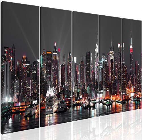 B&D XXL - Wandbilder XXL New York 200x80cm 5 tlg - Wand Deko Leinwand Bilder Groß Wanddeko Wohnzimmer Schlafzimmer Kunstdrucke - Skyline NYC Stadt City d-B-0185-b-o
