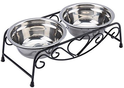 Stainless Steel Double Twin Pet Bowl Stand, Doub Cat Dog Pet Food Water Bowls Feeder Dishes Shelf Retro Iron Stand Raised Dog Feeding Bowl Pet Supplies for Kitten Puppy