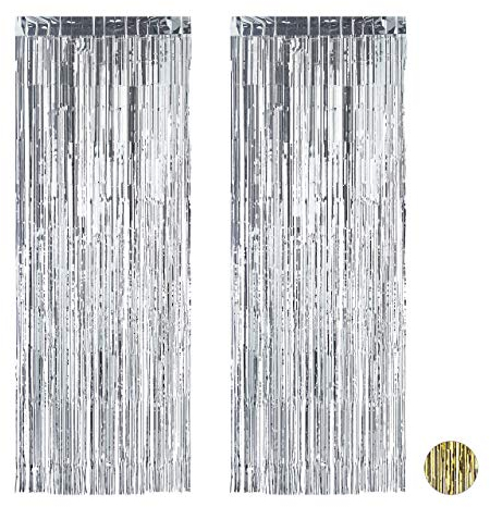 Relaxdays Partyvorhänge 2er Set, Partydeko für Geburstag & Hochzeit, Metallic, Fadenvorhang Glitzer, 100 x 250cm, silber