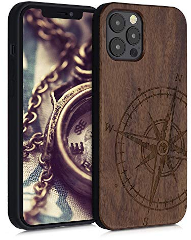 kwmobile Hülle kompatibel mit Apple iPhone 12 Pro Max Hülle - Holz Case - Handy Cover - TPU Handyhülle in Dunkelbraun Kompass Vintage
