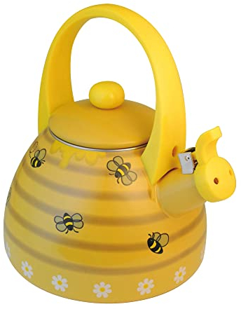 UPware Enamel on Steel Whistling Tea Kettle, Stovetop Teakettle (2.4 Quart, Bee Hive)
