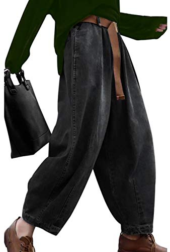 YESNO Women's Ladies Casual Baggy Jeans Cropped Denim Half Elastic Waist Trousers with Pockets L PJDTYP1 Black UK