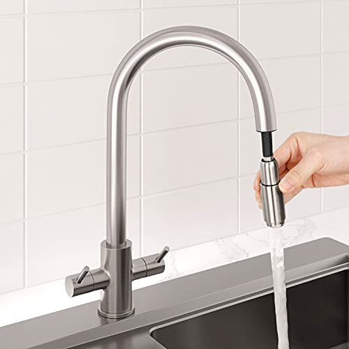 SÄUBER® Thun Kitchen Sink Mixer Tap Pull Out Single Spray Head Swivel Spout Brass Body Twin Dual Lever for Sinks Taps Modern Round, Brushed Nickel