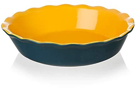 Sweejar Home Ceramic Pie Dish, 26cm Round Baking Dish, Non-Stick with Soft Wave Edge, Ideal for Apple, Pumpkin & Pot Pies (Blue & Yellow)