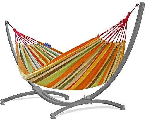 Potenza Outdoor Hängematte mit Gestell für 2 Personen I Baumwolle Doppelhängematte XXL 220x160, 200kg I Hängemattengestell 220kg, wetterfest (Orange, Gestell Grau)