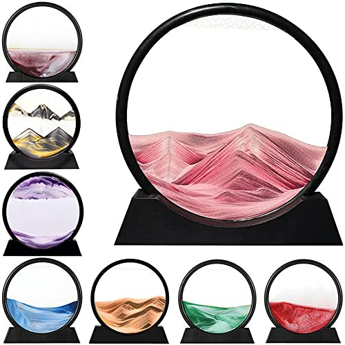 LINPING Fließendes Sandgemälde, bewegliches Sandkunstbild, rundes Glas, 3D-Tiefsee-Sandlandschaft in bewegter Anzeige,Sandrahmen, Heim- und Büro-Desktop-Dekorationen (Rosa, 7 Zoll)