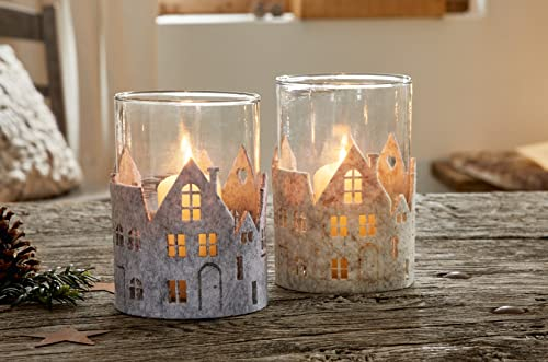 2X Windlicht Leuchtende Stadt aus Glas & Filz, beige & grau, Kerzenständer, Windlicht, Teelichthalter, Teelichtgläser, Tisch-Deko, Windlicht-Glas