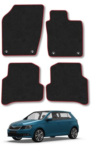 Skoda Fabia (2014-2021) Carpet Car Mats | Red Edge Trim Tailored Fit Floor Mats Full Coverage Protection Accessories Easy Clean Anti Slip Made in the UK