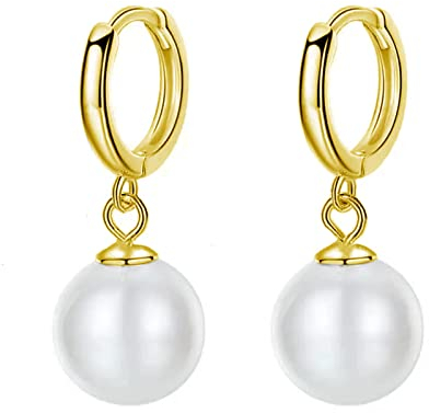 Perlenohrringe 925 Perlenohrringe Hängend für Damen,1 Paar Hypoallergene Ohrringe Gold Creolen Gold Klein Perlenschmuck Goldene Ohrringe Damen 10mm