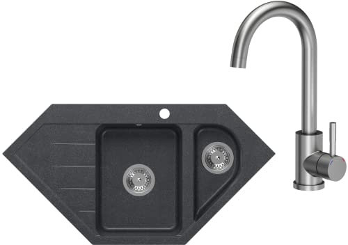 VBChome Eckspülbecken mit Armatur 95x49 cm Schwarz Granit 1,5 Becken 1,5 Abtropffläche Küche Einbauspüle Küchenspüle Gesprenkelt Spülbecken Siphon Armatur