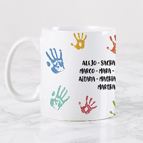 Wanapix | Taza Personalizada para Profesores | Personalizable con Nombre o Texto| Detalle Profe Infantil | Regalo para Profesores | Apta para Microondas | 325ml | Blanca - Manos Nombre