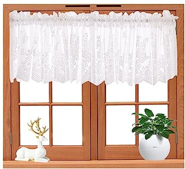 Visillo Cortina Corta para Ventana, Cortina Cocina Rústico con Encaje Flores, Cortina de Ventana de Casa de Campo,Cortina de Voile para Salón, Dormitorio, Puerta Decoración (130 x 41cm (Blanco)