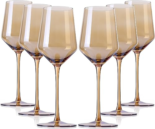 Amber Wine Glasses- Colored Wine Glasses Set Of 6 - Crystal Colorful Wine Glasses With Long Stem and Thin Rim,White Wine glasses,Perfect Colored Wine Stemware for Wine Lover in Birthday,Party15oz