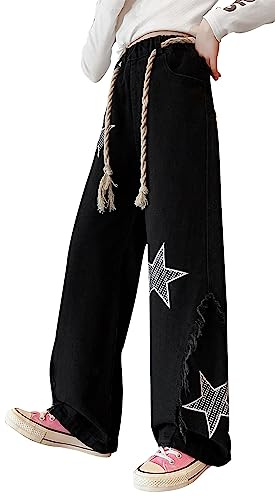 SEAUR Mädchen Jeans High Waist Baggy Hosen Weites Bein Bootcut Jeanshose Zerrissen Loch Vintage Y2K Denim Jeans Lang mit Gummibund - 5-15 Jahre