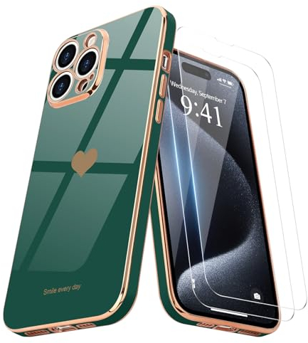Teageo for iPhone 15 Pro Max Case with 2 Screen Protector Heart Pattern for Women Girls Luxury Bling Plating Soft TPU Anti-Scratch Shockproof Bumper Phone Case for iPhone 15 Pro Max, Blackish Green