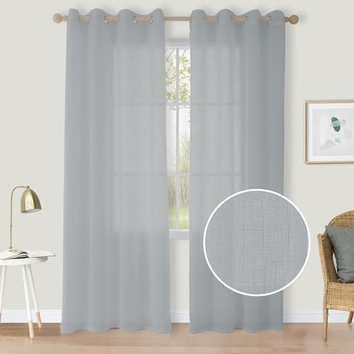 CUCRAF Leinen Voile Vorhänge mit Ösen Lichtfilterung Gardine für Schlafzimmer Wohnzimmer, Grau Blau, H225 x B140cm 2er Set