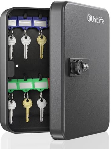 Uniclife 20 Position Key Cabinet with Combination Lock Resettable Black Digital Security Storage Box Steel Key Organizer with Colorful Key Tag Labels Stickers and Hooks