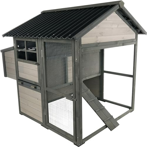 Flamingo Hühnerstall Zivo Cottage Grau – 328 cm L x 113 cm B x 121 cm H, Kiefernholz, Plexiglas, Einfach zu Montieren – Pure Verwöhnung für Ihre Hühner!