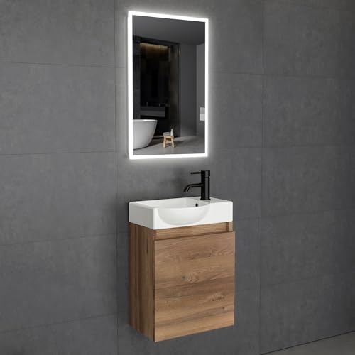 Alpenberger Badezimmer Möbel Set | Gäste WC Waschbecken mit Unterschrank und Spiegel | Badezimmerspiegel mit Beleuchtung | Waschbeckenunterschrank Bamboo (Lugano 450L)