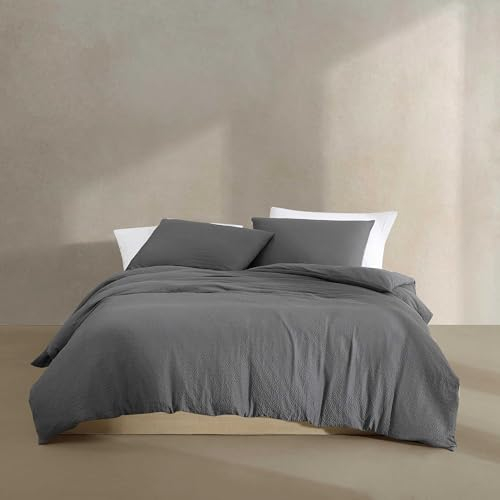 Calvin Klein Bettbezug-Set, superweiche Bettwäsche mit passenden Kissenbezügen, wendbar, Heimdekoration (Seersucker-Dunkelgrau, King-Size)