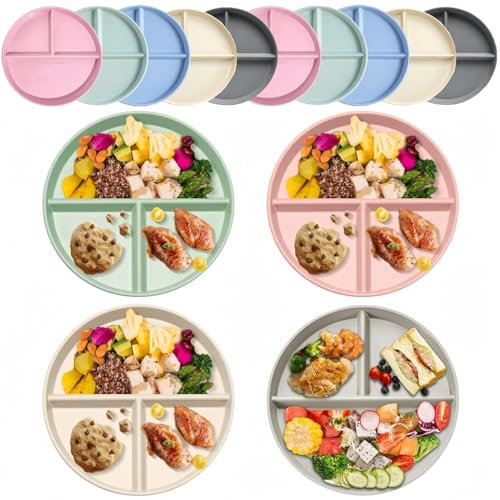 LATERN 10Pcs Divided Dinner Plates, 9 Inch Unbreakable Plastic Diet Plates Portion Control Divided Plates Reusable Picnic Dishes for Adult Children Kids Dinner (5 Colors - Microwave & Dishwasher Safe)