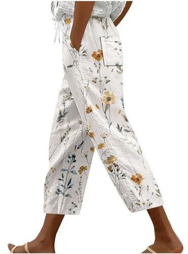 Generisch 7/8 Sommer Leinenhose Sale,Damen Freizeithose Leichte Hohe Taille Palazzohose,Leinen Hose Beiläufige Print Hosen Casual Strandhose Sommer Leichte Straight Leg Hose Mit Taschen und Tunnelzug