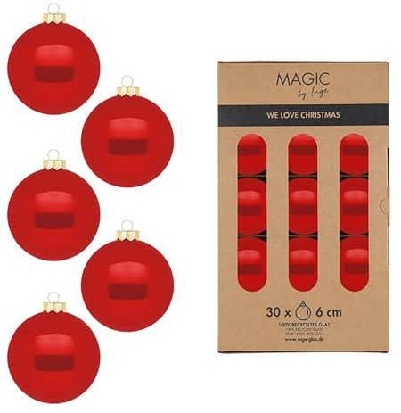 Weihnachtskugeln Glas 6cm 30 Stück - Christbaumkugeln glänzend - Weihnachtsbaumkugeln für Weihnachten - Christbaumschmuck & Weihnachtsbaumschmuck - Modern Red