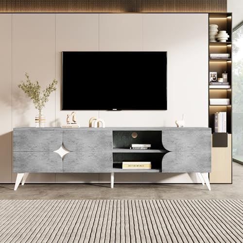 BTM Meuble TV Bois, Meuble Télé de Salon avec Portes et Compartiments, Armoire de Télévision, Moderne, 160x40x51cm,Gris Béton et Blanc