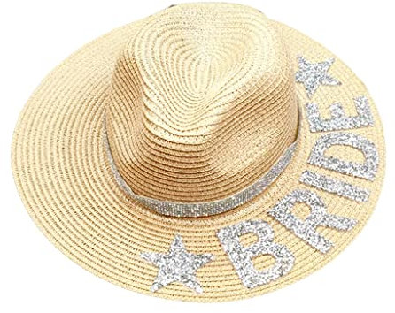 JSGHGDF Sombrero de paja para novia, sombrero de boda, sombrero de fotos con decoraciones al aire libre, sombrero de mujer para despedida de soltera, Sombrero de paja Diamond Br, M-L