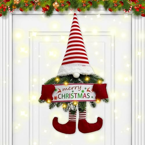 Türkranz Weihnachten Mit Lichtern, Weihnachtszwerg Weihnachtskranz, Weihnachtliche Zwergen Türkranz Mit Led Beleuchtung, Weihnachtsmann Weihnachtskranz Batteriebetrieben Zwergenkranz (B)