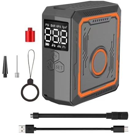 Qussedser Mini bomba de aire eléctrica para bicicleta, 150 PSI, potente compresor de aire, pantalla de presión, inflador de neumáticos de motocicleta, color negro y naranja