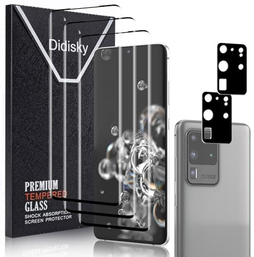 Didisky Verre Trempé pour Samsung Galaxy S20 Ultra, Contenir Lot de 3 Film Protection écran et Lot de 2 Caméra Arrière Protecteur, Anti Rayures, Dureté 9H, Pas de Bulles, Haute définition