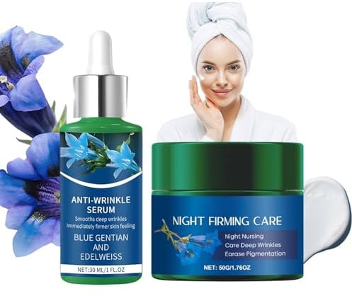 Gesichtscreme Damen Blauer Enzian & Edelweiß, Anti Falten Serum und Moisturizer Skincare Set, Nachtcreme Gesicht, Anti Aging Creme Frauen, Feuchtigkeitscreme Straffe Haut, Reduziert Feine Linien