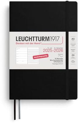 LEUCHTTURM1917 372621 Wochenkalender & Notizbuch Medium (A5) 2026, 18 Monate 07.2025-12.2026, Softcover, Schwarz, Deutsch