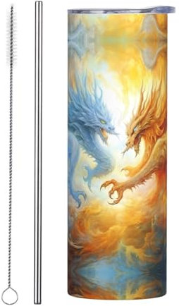 PHAYAH Ice and Fire Monster - Vaso aislado de acero inoxidable con tapa, popote y cepillo para sorbete, 20 onzas