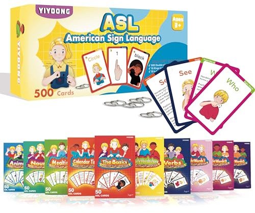 YIYDONG ASL Flash Cards - 500 American Sign Language FlashCards for Beginners and Toddlers, Kids, Teens and Adults Include Verbs, Nouns, Sight Words