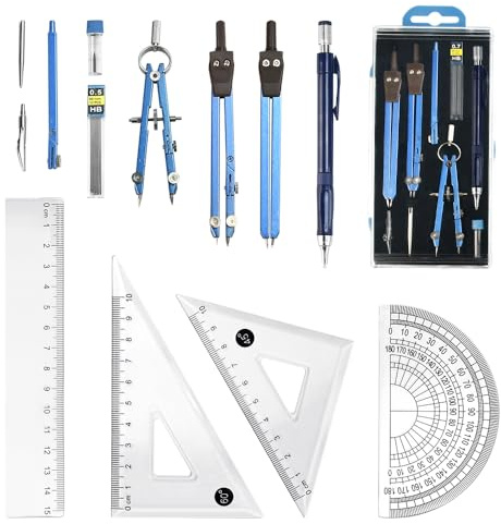 FuxFuis 13-teiliges Lineal Set mit Zirkel, Geometrie Set Mathematik Zirkelset Effizient Geometrie-Sets Dauerhaft Schnellverstellzirkel Student Schulzirkel Präzise Zeichenzirkel für Schüler Lehrer