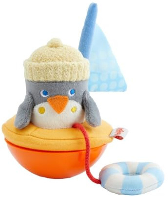 HABA Stehauffigur Pinguin – Puppe mit Wackel- und Klingeleffekt, mit Schwimmring und Fahne, fördert Motorik – 2011900001