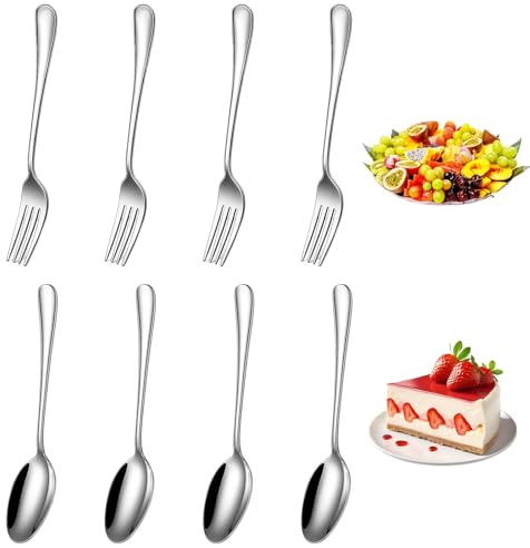 8-Piece 14.3cm Cake Forks and 12.5cm Spoons, Stainless Steel Soup Spoons and Dessert Forks, Ideal for Home Dining, Catering Events, Weddings, Picnics, Buffets